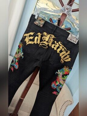 NEW Ed Hardy Men's Black Dragon Embroidered Jeans Sz 34